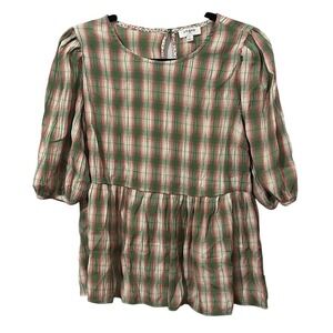 Umgee Green and Pink‎ Blouse Vibrant Colors Plaid Gingham